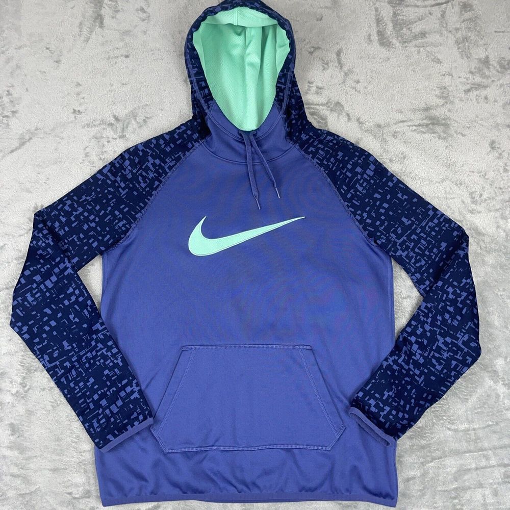 Nike Dri Fit Womens Medium Pullover Hoodie Purple Green Swoosh Kangaroo Pocket